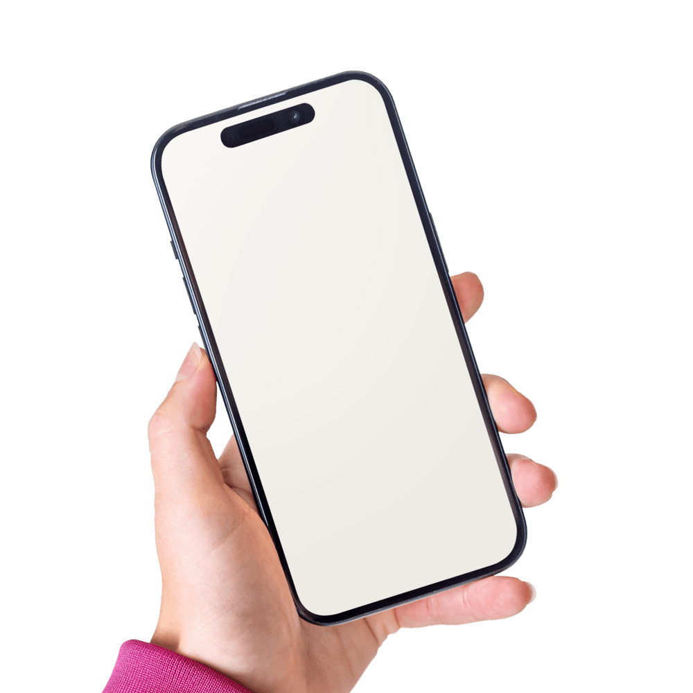 Person holding iPhone, blank screen.